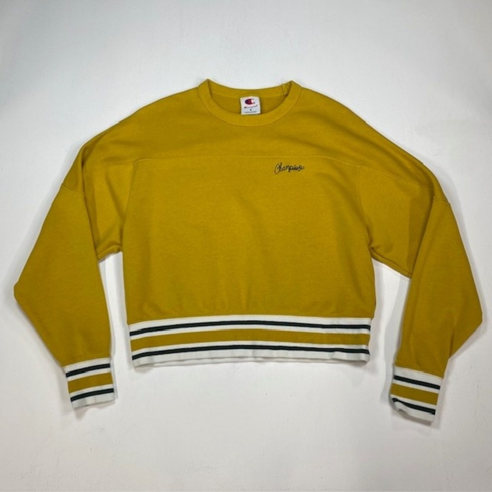 Champion Womens Mustard Yellow Cropped Crewneck Sweatshirt Varsity Stripe Small